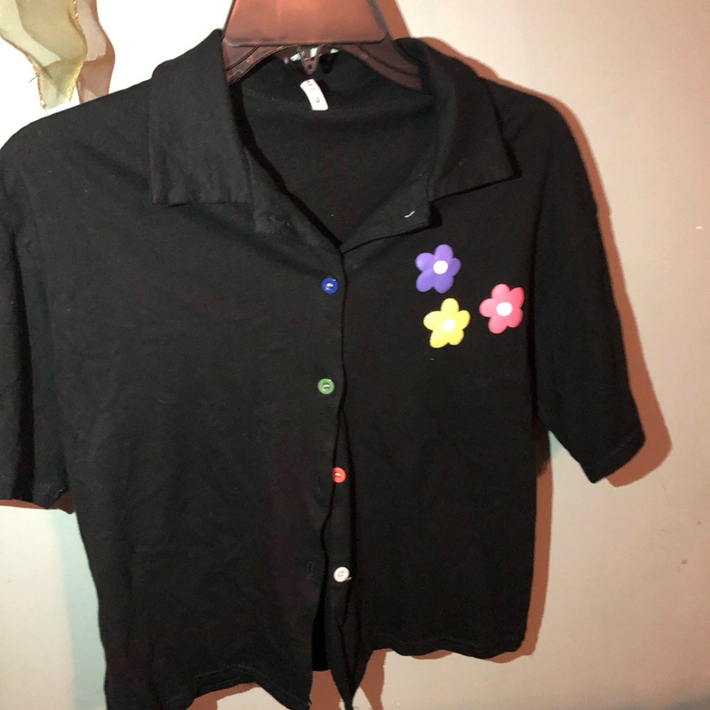 Black Button Down Shirt with Short Sleeves and V-Neck